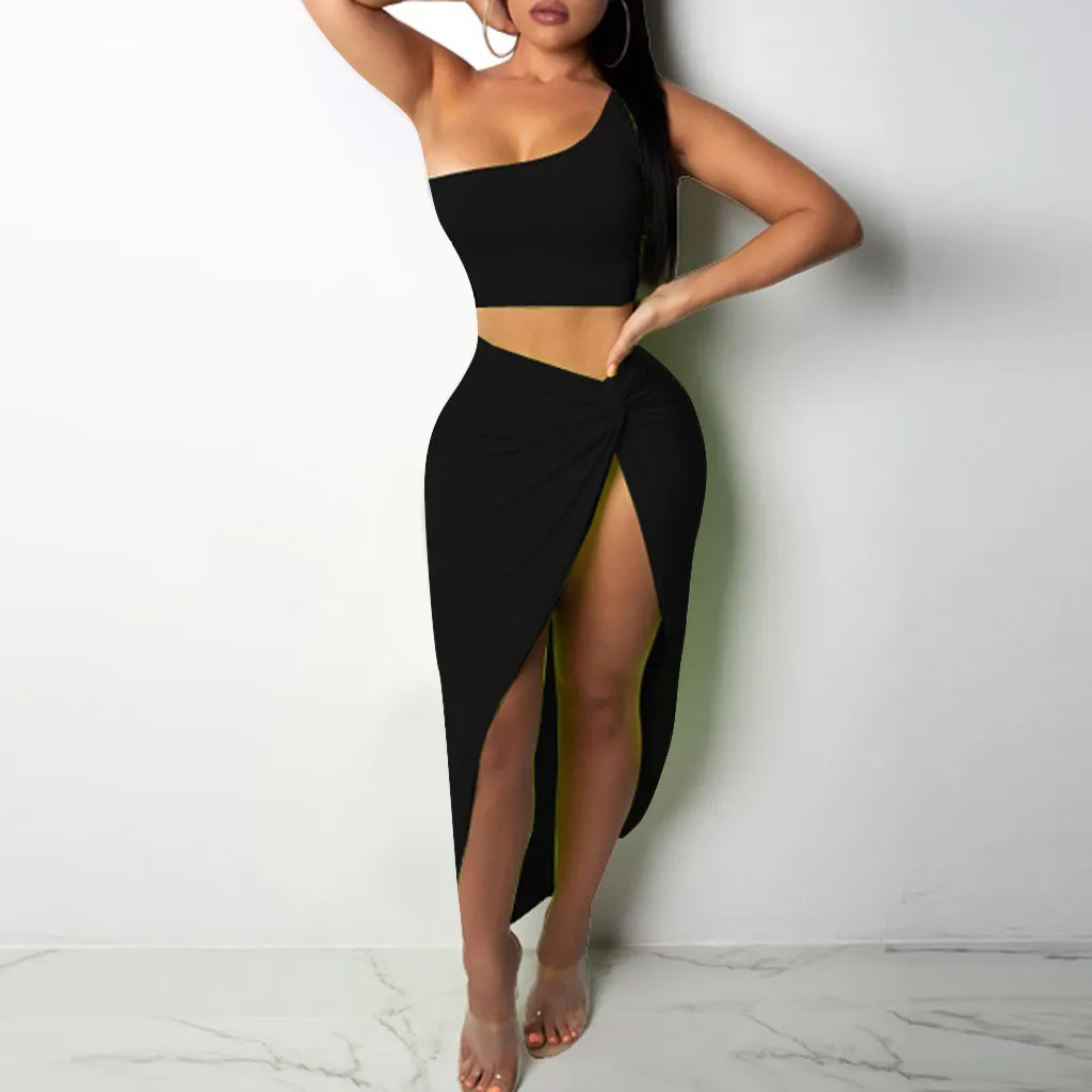 

feitong two piece set summer 2019 Women Sexy Solid One Shoulder Short Top Bodycon Tank Split Skirt Suit ensemble femme #3