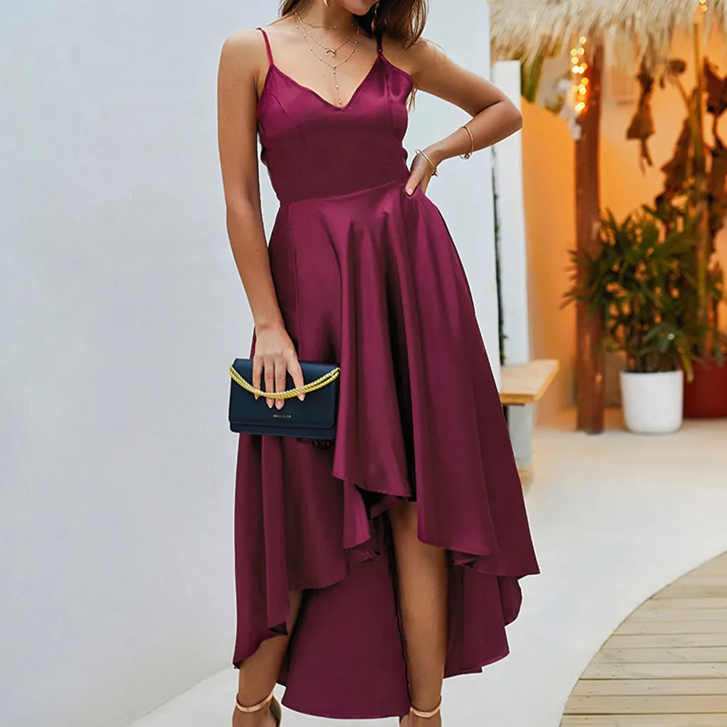 

Women Summer Dress Elegant V-Neck Camiso Lrregularity Long Dress Party Ladies Dresses Pure Color vestidos verano 2019