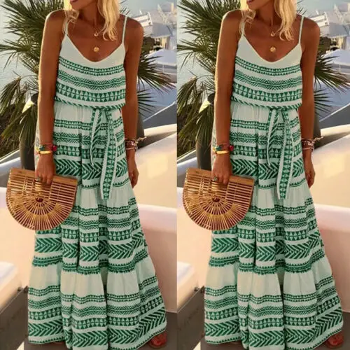 2019 المرأة الصيف شاطئ طويل ماكسي اللباس موجة شريط مساء حزب فستان الشمس اللباس زلة
