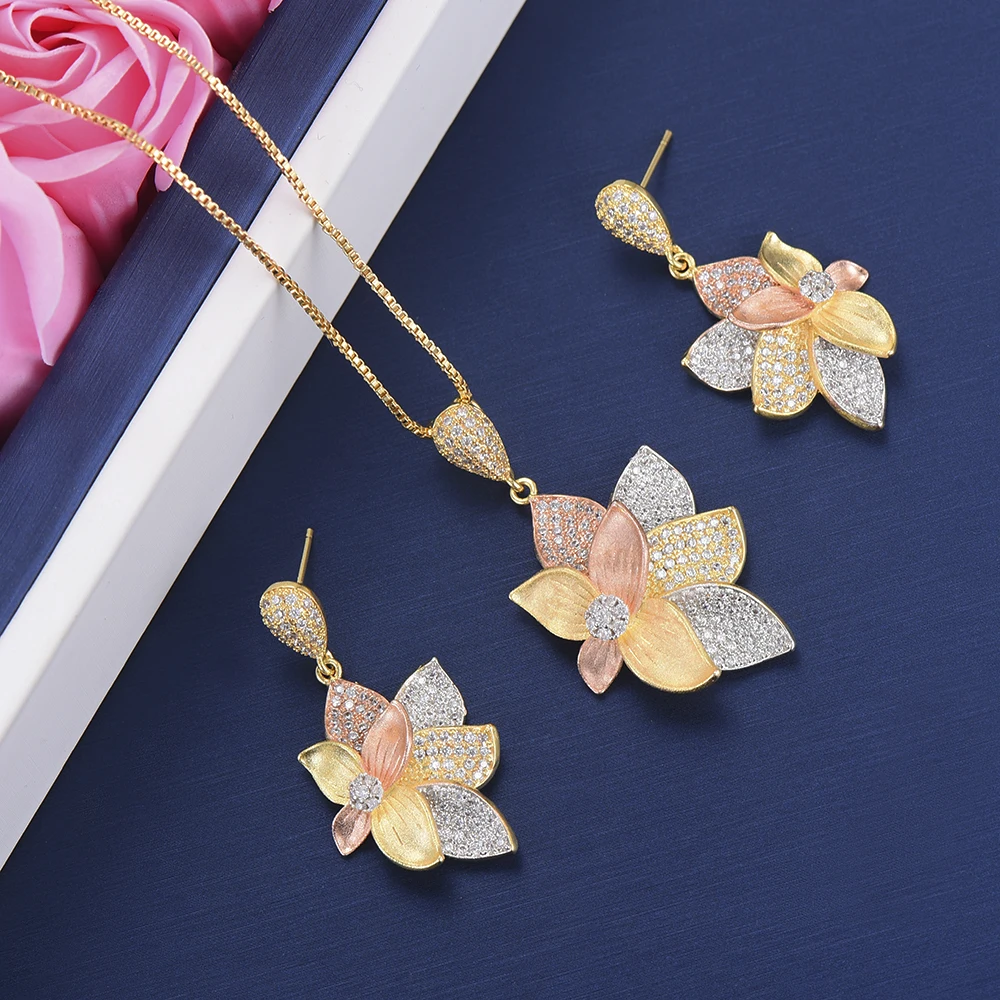 

Fashion Charms Flower Necklace Big Drop Earrings Jewelry Sets For Women Luxury CZ Party Weddings Jewelry Sets