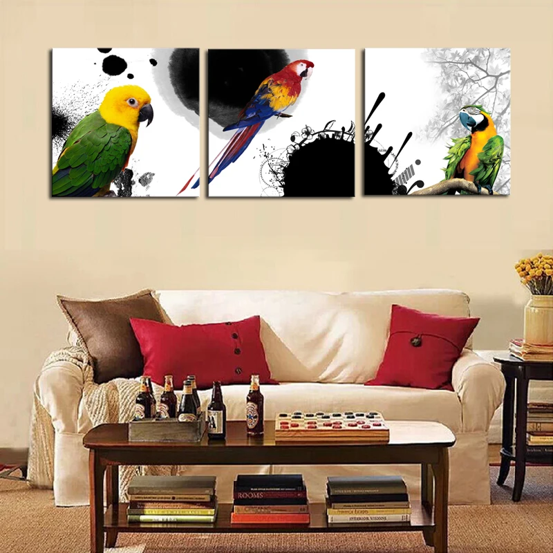 Unframed 3 Panels Modern Canvas Oil Wall Art Painting Colorful parrot