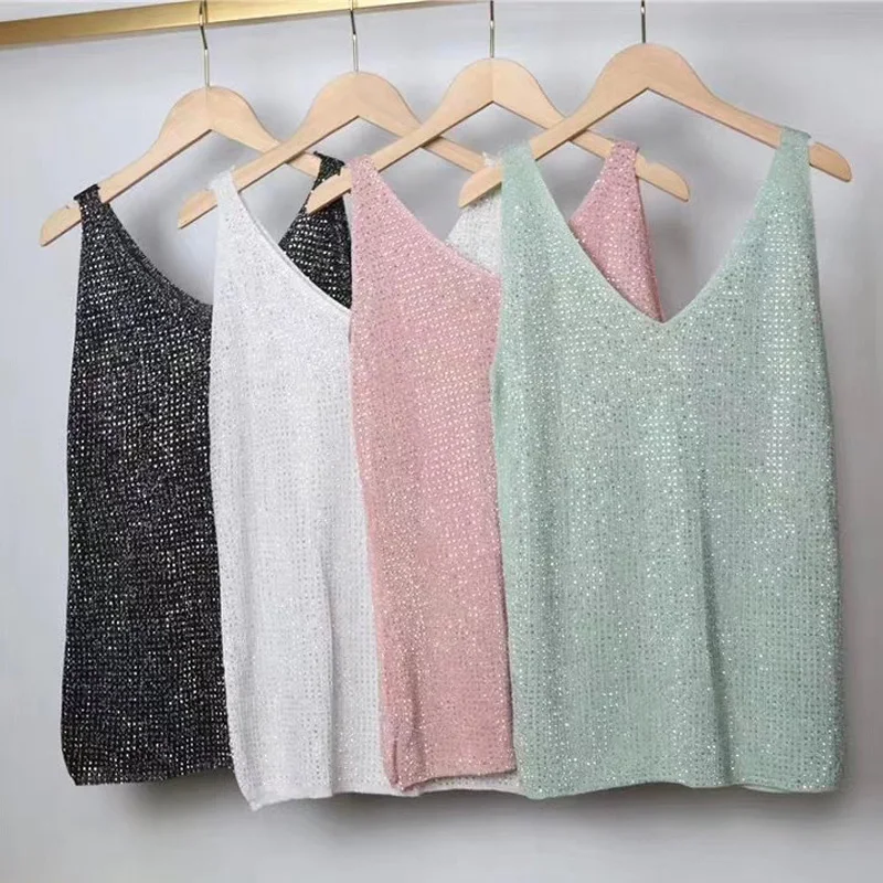 

La MaxPa Summer Fashion Camisole Tanks T Shirts Women Drilling Knitting Tops Insidewear and Outwear Female Top k1943