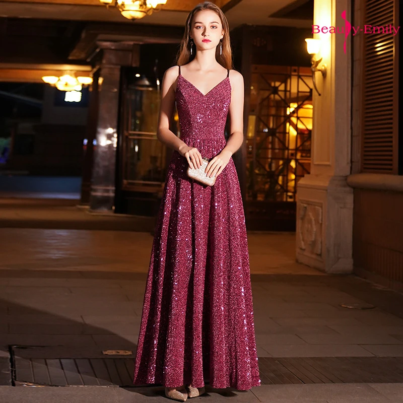 Beauty Emily Vestido largo de noche con cuello en V, mangas, elegante, plisado, lentejuelas, para verano, 2019|Vestidos noche| - AliExpress