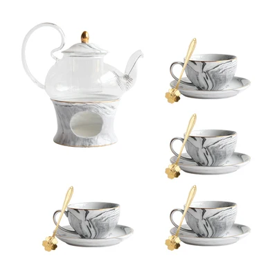 Креативный стиль мраморная керамика стеклянный цветочный чайник чайная чашка набор послеобеденный цветочный чай набор свеча нагревательная база - Цвет: 05 Tea Set