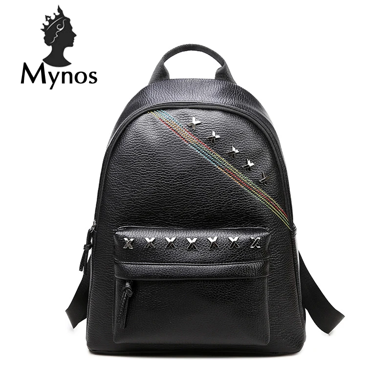 MYNOS New Brand Leather Solid Rivet Backpack Women Messengere Bags