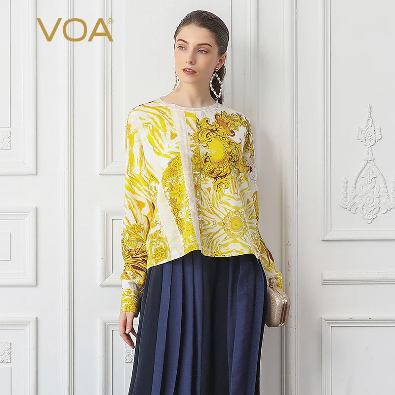 

VOA Heavy Silk Ladies Tops Yellow Printed Oversized T Shirt Women Bat Sleeve Casual Tee Loose Fall Long Sleeve Aesthetic B793