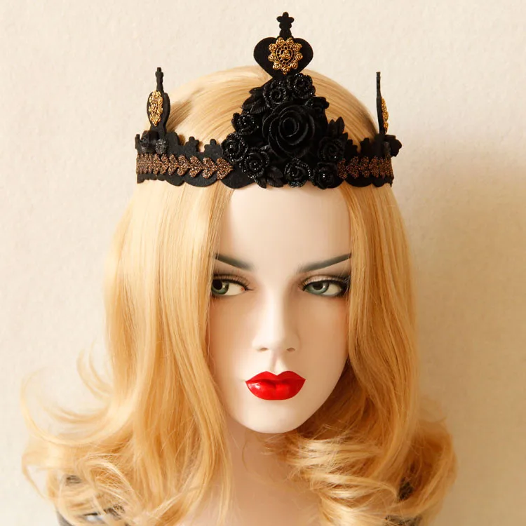 

Fashion Gothic Queen Black Lace Headbands Girl Large Tiara Vintage Flower Heart Hairbands Woman Cosplay Party Hair Accessories