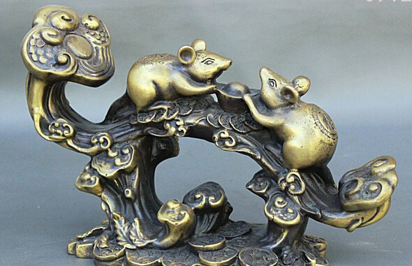 

S07177 9" Chinese Pure Copper Bronze Auspicious Zodiac Mouse On RuYi Wealth Coin Statue discount 30% (C0324)