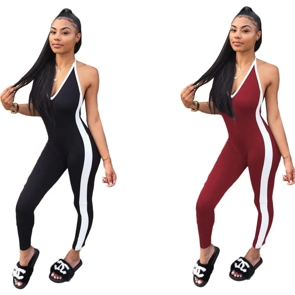 

Sexy Rompers Womens Deep V Sleeveless Jumpsuit Overalls Femme Side Striped Playsuit Fashion Halter backless Bodycon Bodysuit