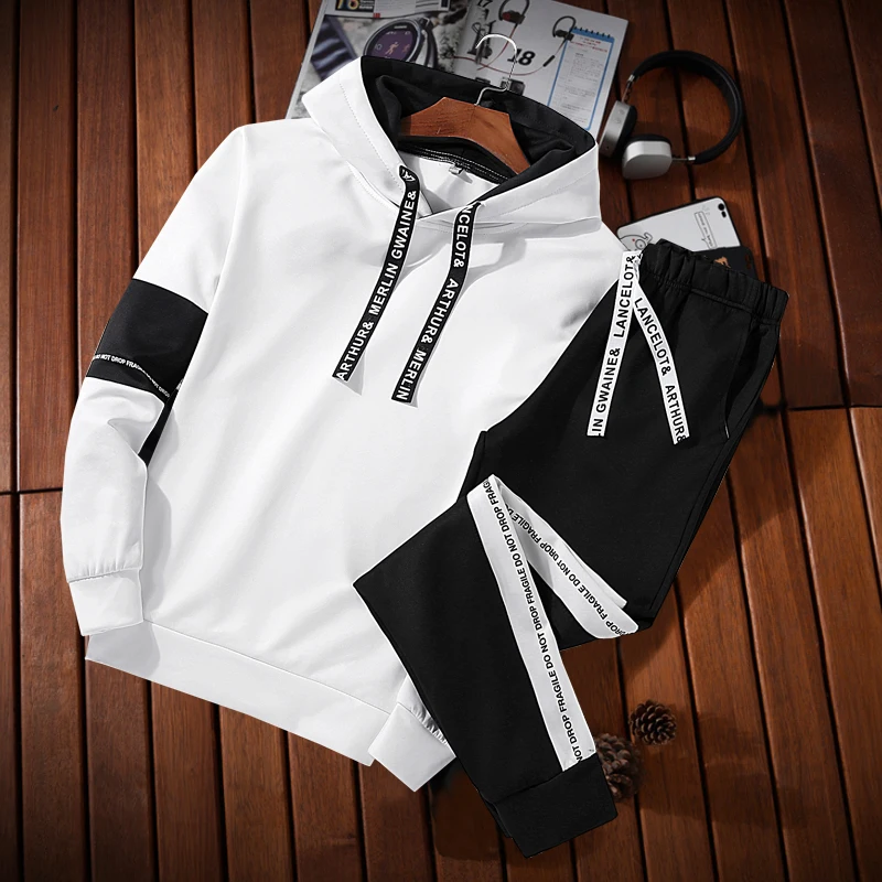 ASALI Autumn 2PCS Tracksuit Men Casual Patchwork Mens Sportwear Set Hoodies Pants Sets Male New Fashion Hoody Suits Letter Print