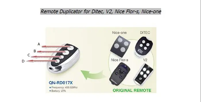 

V2 PHOENIX TSC2 TSC4 TRC2 TRC4 TXC2 TXC4 HANDY2 DITEC GOL4,BIXLG4,BIXLS2, 433.92 MHz Rolling Code Universal Remote Replacement