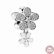 925 пробы серебристо белая эмаль и ясно CZ ослепительно Дейзи Duo Мотаться Бусины DIY Fit PANDORA Подвески для женщин ювелирных изделий FL516
