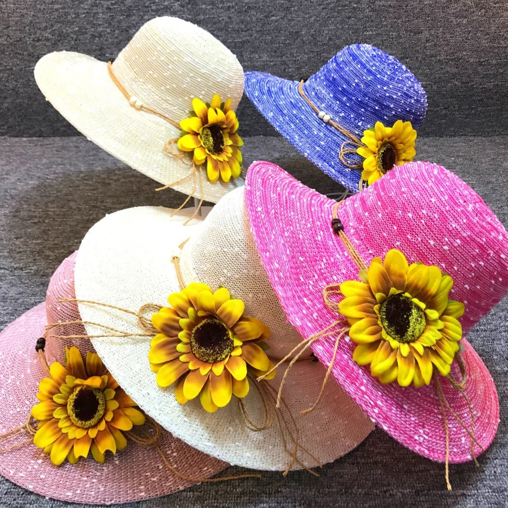 

2019 Summer Sun Beach Straw Hat Women Floppy Foldable Ladies Solid Flower Beach Hat Wide Brim Sunhat Fashion Accessories