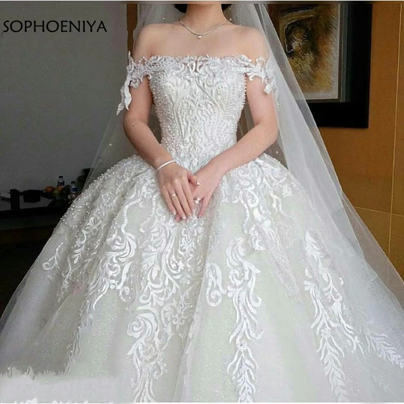

New Arrival Off the shoulder Ball gown wedding dresses 2019 Lace Beaded Pearls Wedding gowns Dubai Arabic wedding dress