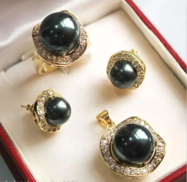 

Hot sale new Style >>>>black South sea Shell Pearl Earrings Ring Necklace Pendant Set
