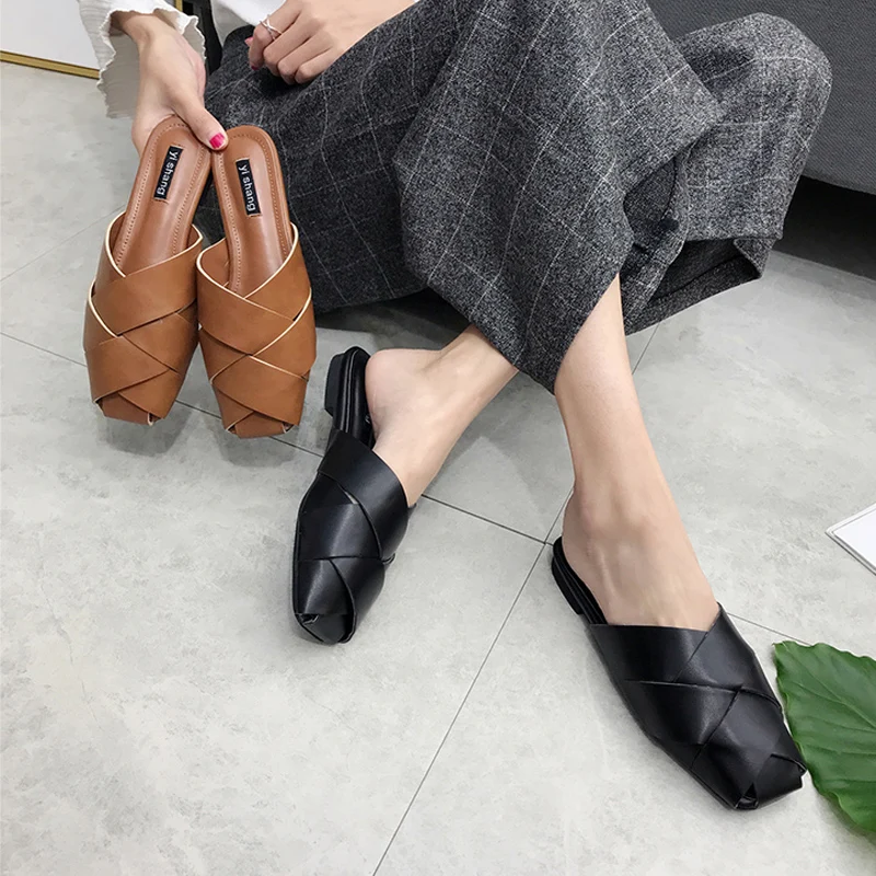 

Slippers Woman Shoes patchwork closed toe Mules cross leather Slip on Slide loafers shallow Flip flops zapatos mujer black Brown