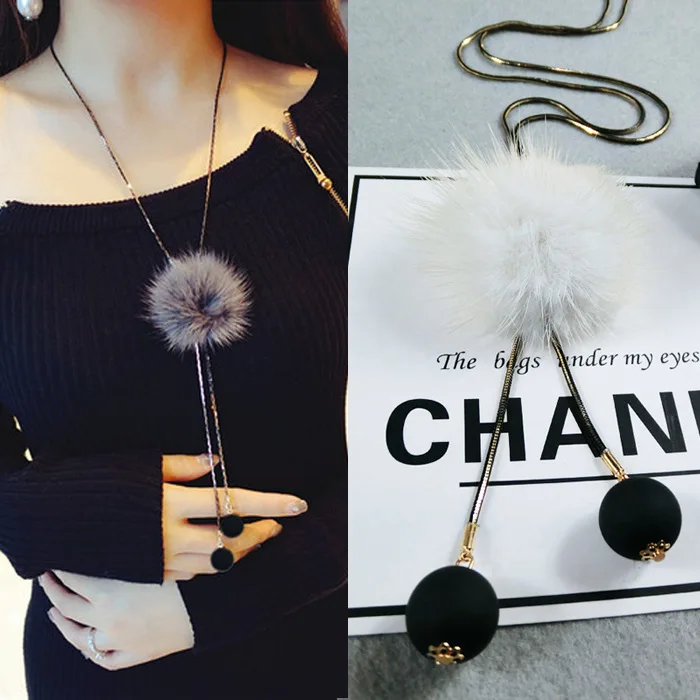 Women Ladies Winter Long Jersey Sweater Chain Fur Pompom Pendant Necklace Statement Necklace Jewelry Accessories Gift for Girls