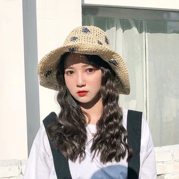 

Straw Hat Female Summer Sun Hat Big-Brimmed Folding Hand Crochet Visor Beach Travel Resort Cap Leisure Straw Hat