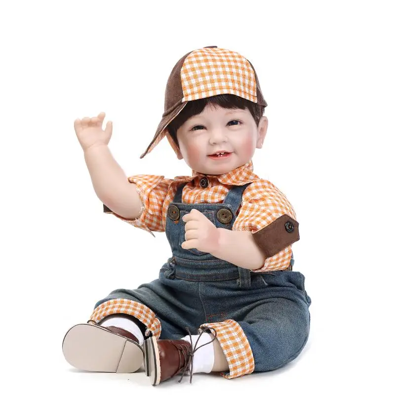 Nicery 22 zoll 55 cm Lebensechte Reborn Baby Schöne Mädchen Puppe Hohe Vinyl Weihnachten Spielzeug Geschenk für Kinder Lächeln Khaki braun Hut Günstig