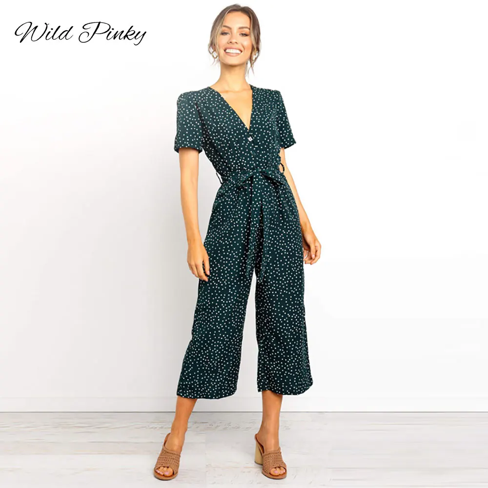 

WildPinky Women Rompers Summer Long Pants Elegant Woman Jumpsuits 2019 V-neck Sashes Polka Dot Plus Size Jumpsuit Overalls