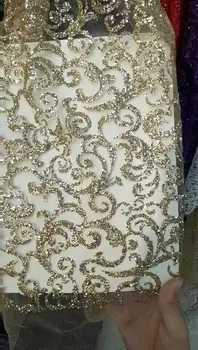 

Gold Sequins Glitter Mesh Fabric For Evening Dress 2017 African French Lace Fabric High Quality