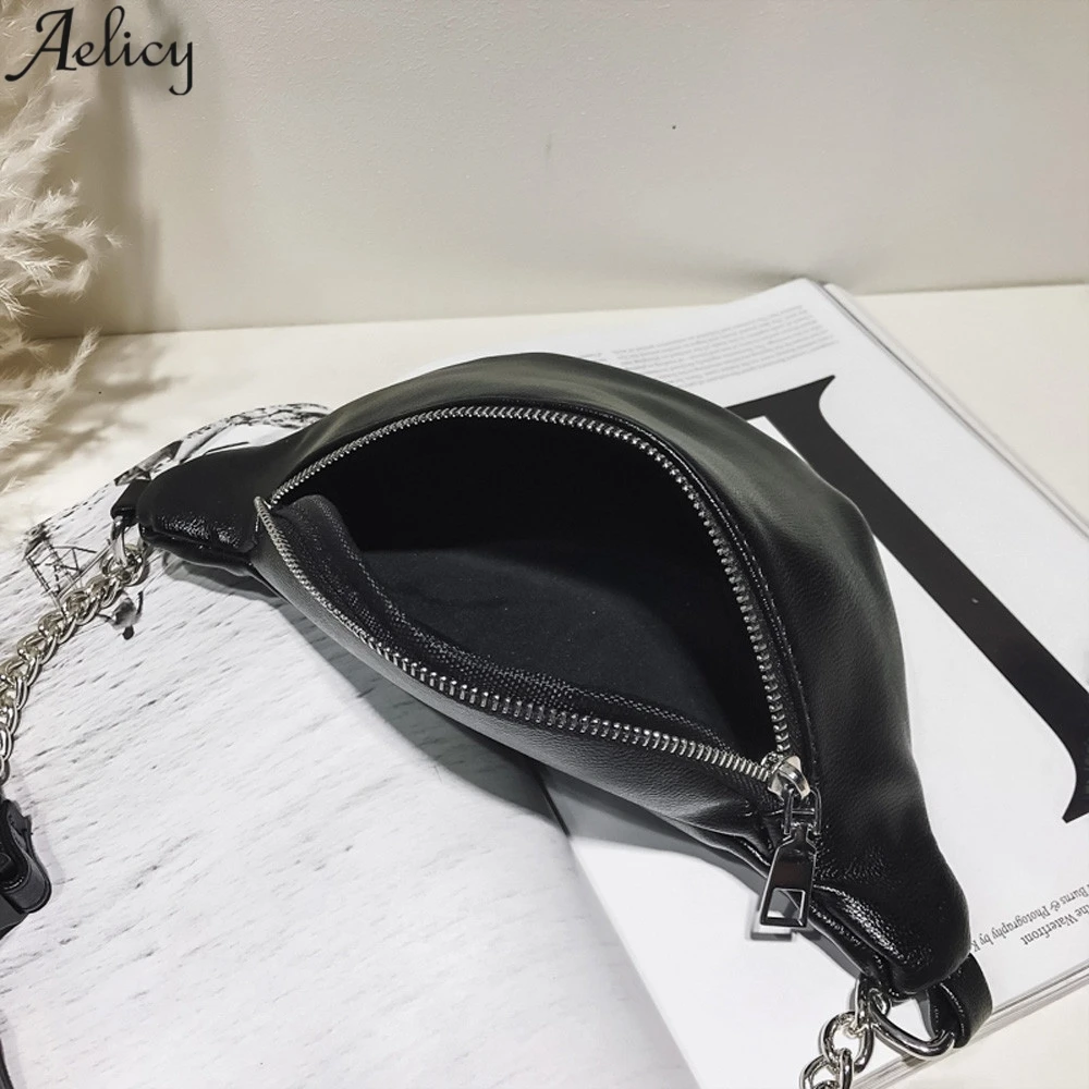 Aelicy Fashion Waist Bag Women Hot Sales Solid Pack Female Chains Bag Black Hobos Shape Pu Leather Waist Packs Chest Phone Pouch