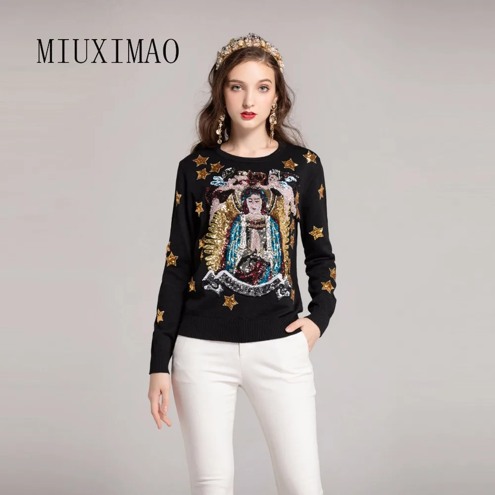 

Europe Fashion 2018 Autumn New Arrival Casual V-Neck Full Sleeve Pullovers Star Sequined Character Black Sweatshirts Women