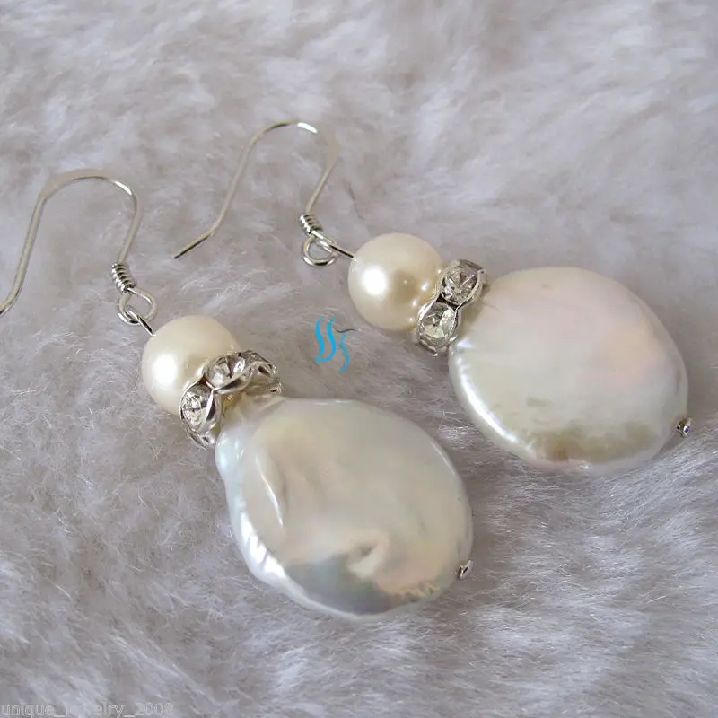 

7-14mm White Coin Freshwater Pearl Earrings Dangle Earrings