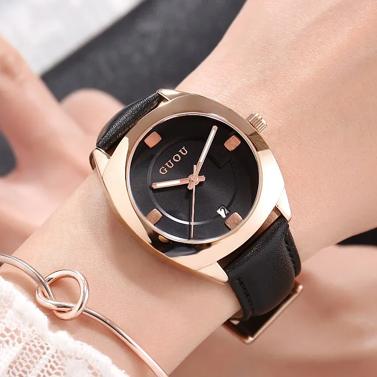 Модный бренд GUOU, женские часы из натуральной кожи, высокое качество, женские водонепроницаемые Роскошные студенческие часы с календарем - Цвет: Черный