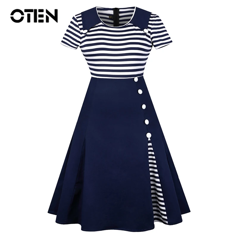 

OTEN 4XL Women Clothing Preppy Style Summer Short Sleeve Striped Print Button Patchwork Vintage 1950s pin up school dresses 2017