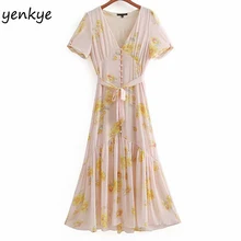 Милое женское летнее шифоновое платье с цветочным принтом, элегантное женское платье с v-образным вырезом, коротким рукавом и поясом, длинное платье трапециевидной формы, халат, длинное платье CCWM9291