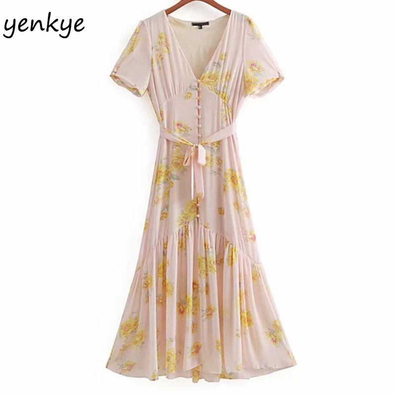 

Sweet Women Floral Print Summer Chiffon Dress Elegant Lady V Neck Short Sleeve With Belt A-line Long Dress robe longue CCWM9291