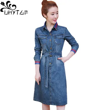 

UHYTGF 2019 New long-sleeved spring denim dress women's single-breasted plus size dress lace-up slim elegant Female dresses 233