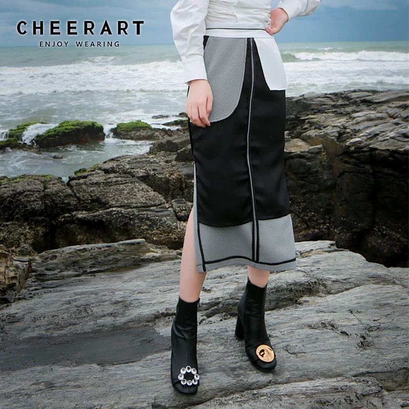 

Cheerart Houndstooth Long Skirt Womens Ladies Split Skirt Reversible High Waist Skirt Straight Designer Skirts With Pockets