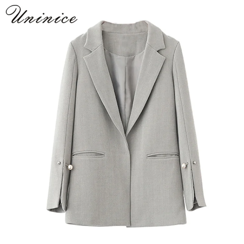 2017 Perle Femmes Long Blazer Femmes Vestes Gris élégant
