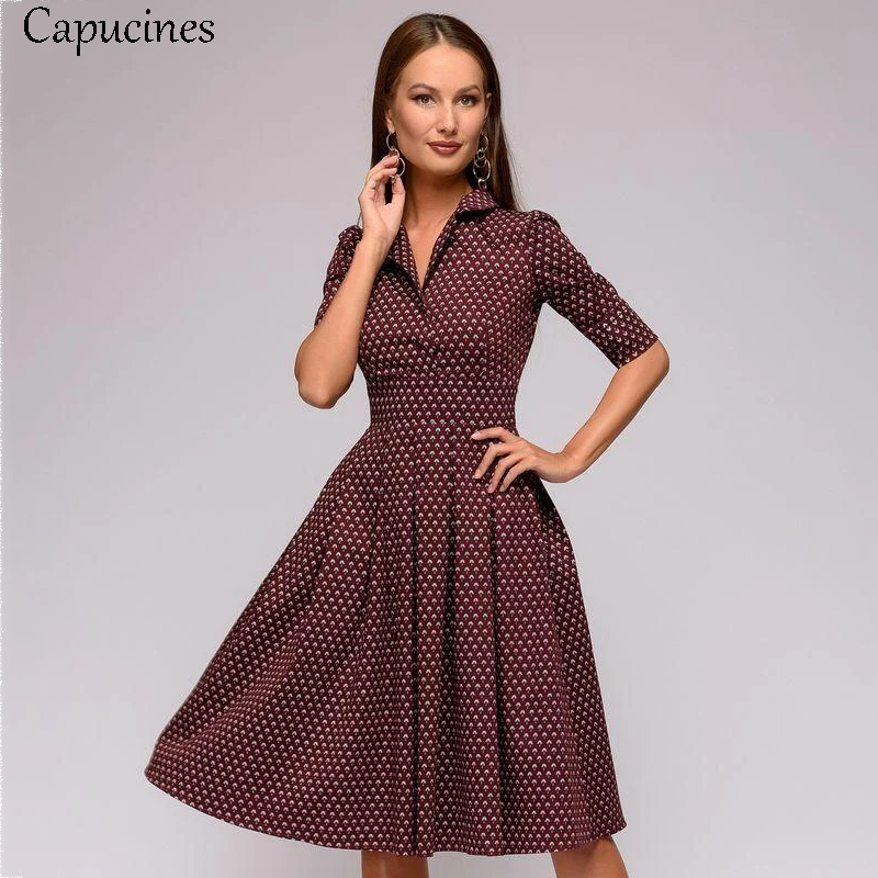 

Capucines Brown Turn-down Collar Spring Summer Dress Women Vintage Half Sleeves A-line Casual Dress Elegent Printing Party Dress