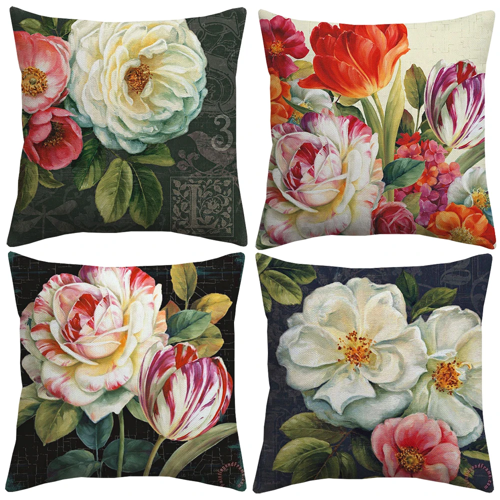 

European Vintage Oil Painting Floral Art Cushion Cover Camellia Tulip Peony China Rose Flower Cushion Covers Linen Pillowcase
