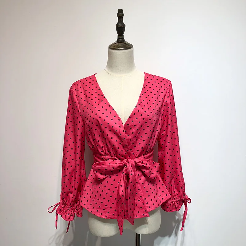 Sexy deep v-neck lace up party lady blouse bodycon short shirt long petal sleeve dot printed chiffon shirt blusa feminina Tops Sexy deep v-neck lace up party lady blouse bodycon short shirt long petal sleeve dot printed chiffon shirt blusa feminina Tops