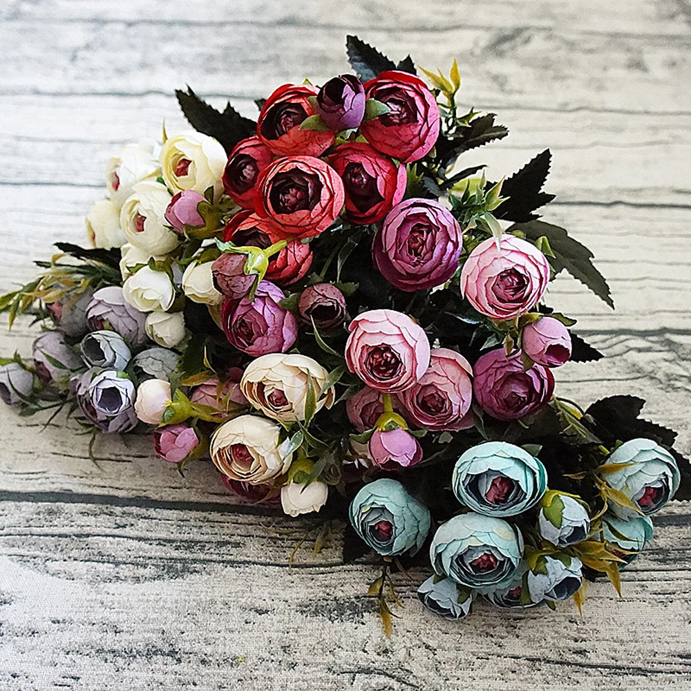 9 головок/Букет мини Поддельные чайные розовые цветы пиона для домашнего декора свадьбы искусственные розы Penoy бутон для украшения комнаты 29