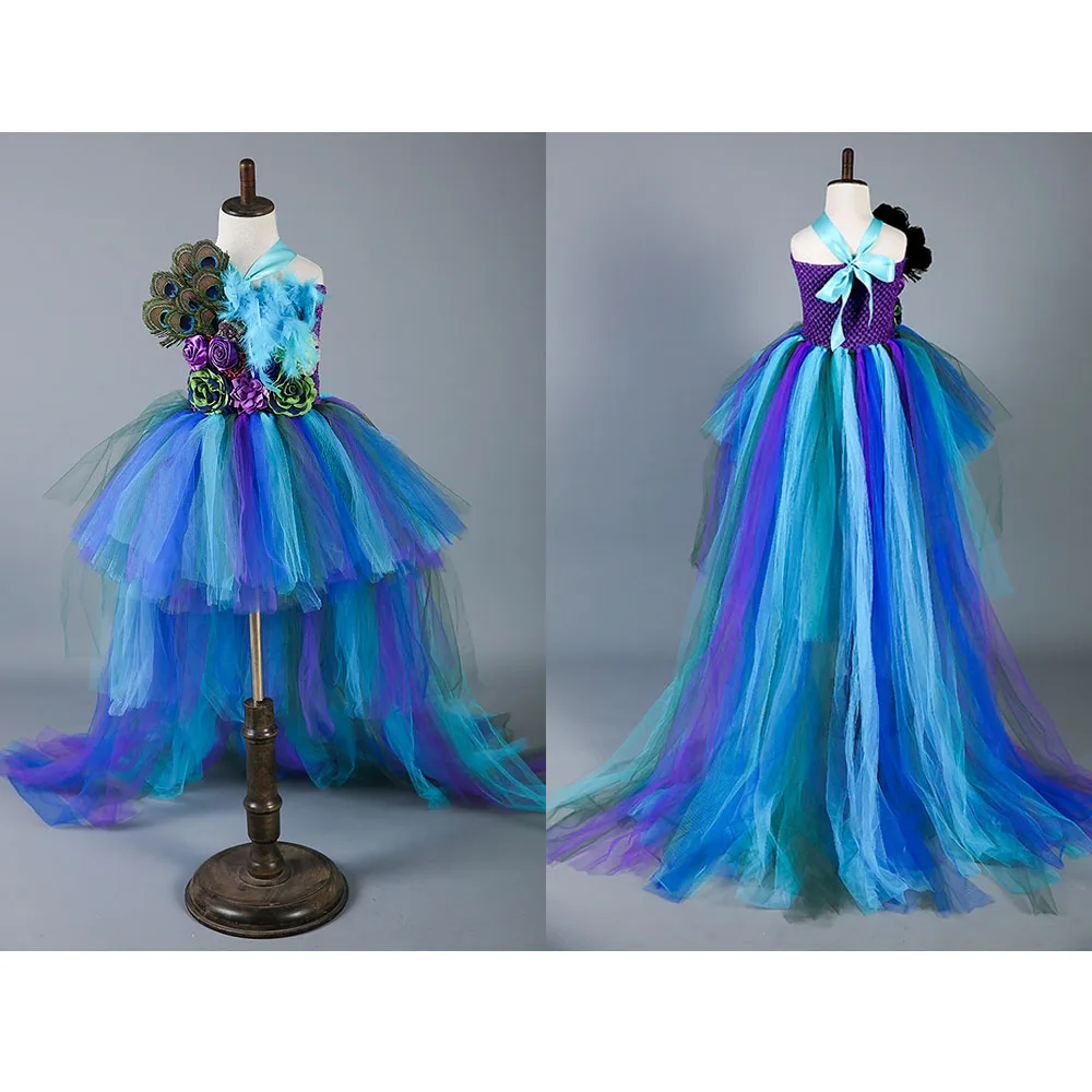 

Flower Girl Dress Kids Children Teenagers Prom Party Ceremonies Gowns Birthday Princess Dress Long Tail Wedding Peacock Dress