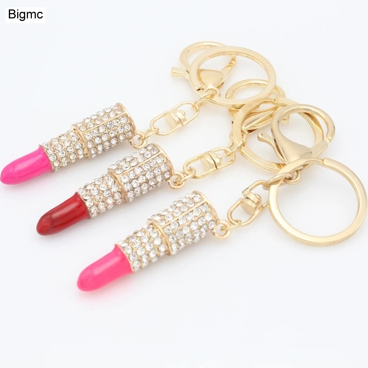 

New fashion Lipstick Crystal Key chain women cut bag charm accessories car key ring hot gift jewelry Lipstick keychain 17205