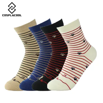

[COSPLACOOL] 4 pairs/lot Female Harajuku Cute Footprints 4 Colors Striped Cartoon Socks Women Cotton Creative Funny Meias