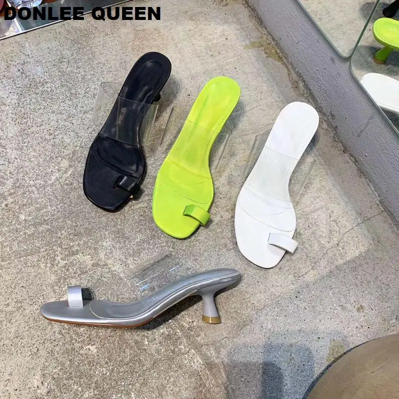 

DONLEE QUEEN Women Low Heel Slippers Fashion Transparent Narrow Band Kitten Heels Lady Shoes Slip On Slides sandalias mujer 2019
