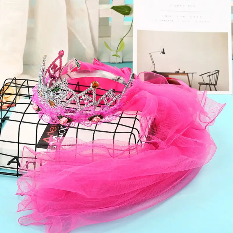 

Girl Pink Lace Veil Hollow With Flower Crown Tiara Rhinestone Jewelry Wedding flower Girl Veils