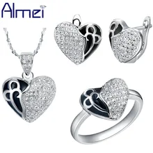 Almei Ювелирные наборы леди рафинированного серебра циркона Мода Черной Эмалью Ясно «любящее сердце» со стразами для Для женщин свадебные аксессуары T172