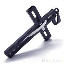 Men Black Silver Stainless Steel Cross Pendant Necklace 00DB