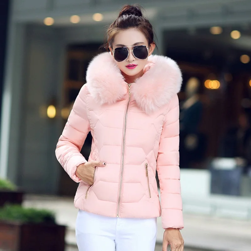 Зимняя короткая женская куртка, пальто из хлопка, теплая меховая парка с капюшоном, женская верхняя одежда на молнии, Повседневная модная черная теплая Женская куртка WT4583 - Цвет: Pink