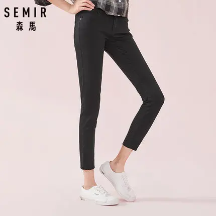 SEMIR, женские укороченные обтягивающие джинсы с необработанным краем, Ретро стиль, женские джинсы до щиколотки, потертые джинсы с молнией, облегающие джинсы - Цвет: black