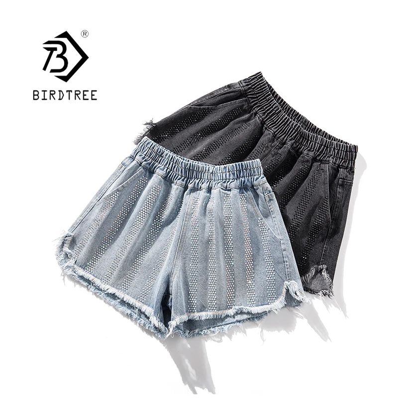 

2019 New Arrival Summer Women Ripped Tassel Hem Denim Shorts Wide Leg Jeans Bottom Pockets Appliques Black 5XL Plus Size B94401F