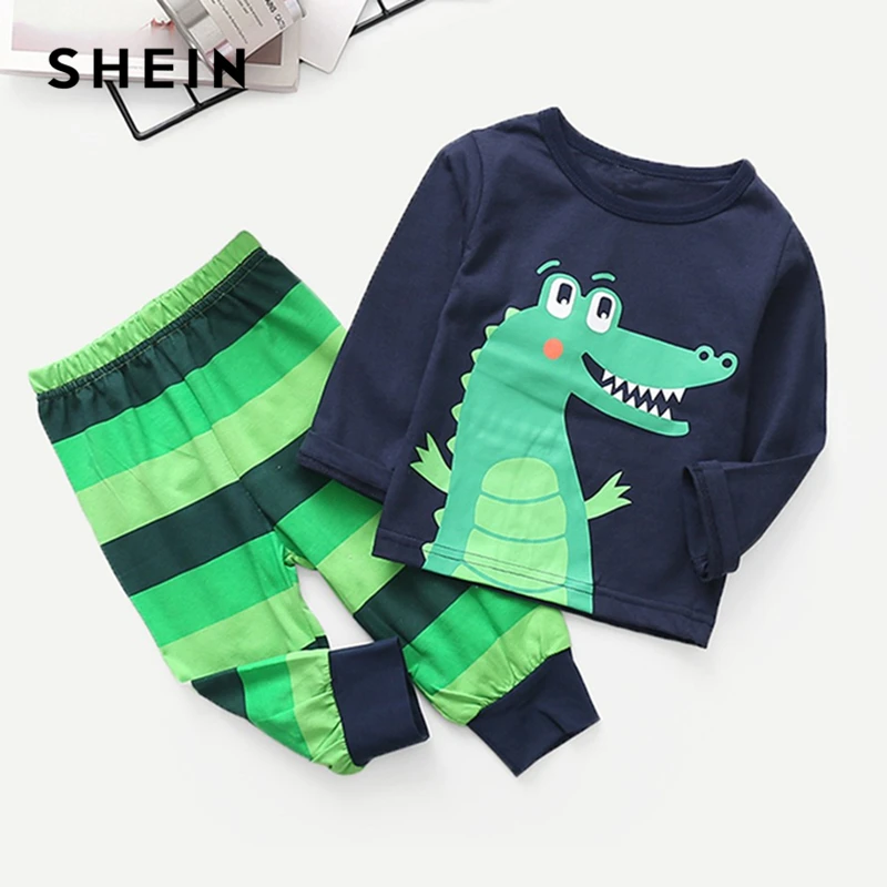 SHEIN Kiddie Toddler Boys Cartoon Print Pullover With Striped Pants Sets Teenagers Spring Long Sleeve Casual Suit Sets For Kids SHEIN Kiddie Toddler Boys Cartoon Print Pullover With Striped Pants Sets Teenagers Spring Long Sleeve Casual Suit Sets For Kids